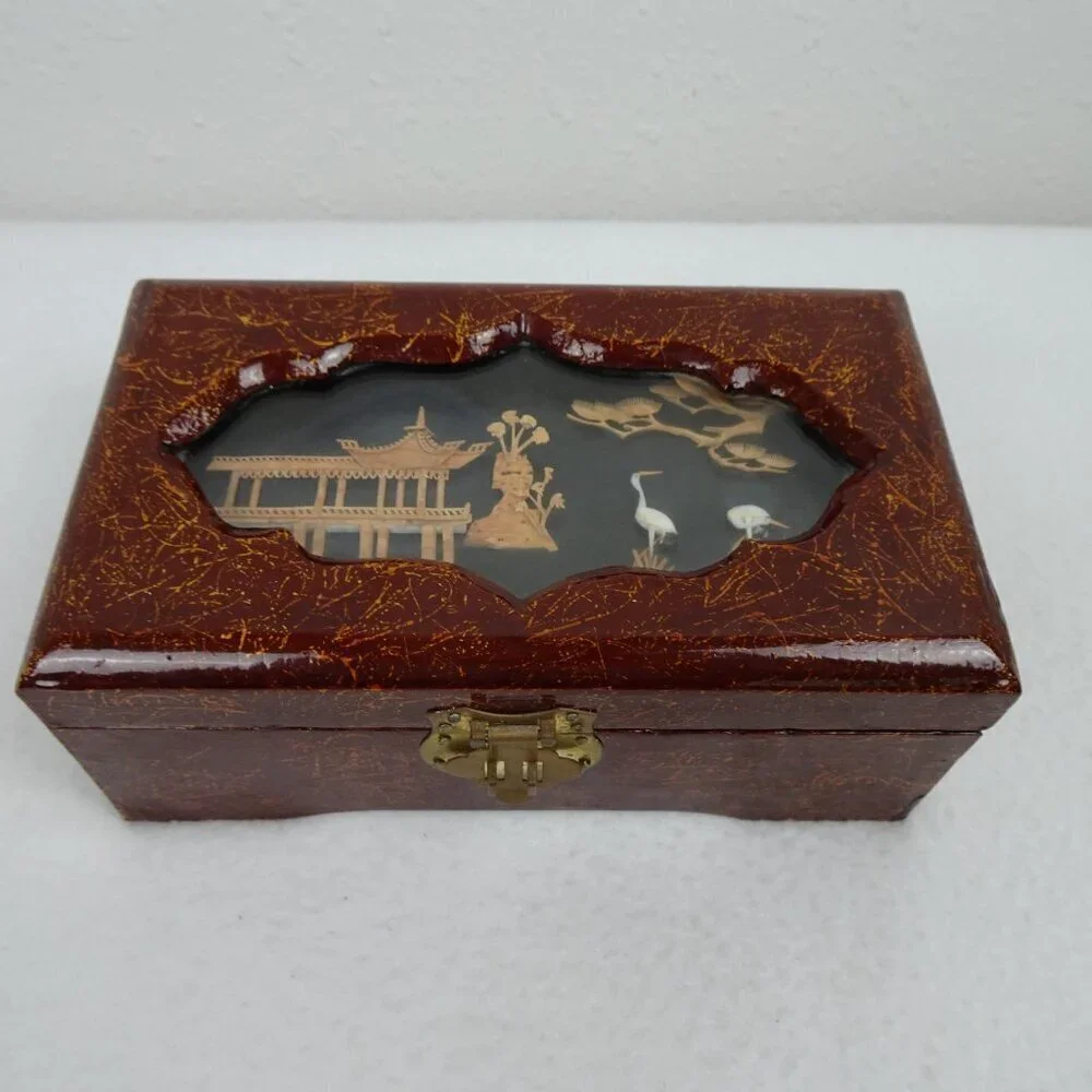 Vintage Asian Jewelry Box Lacquered Carved Diorama Art Inset Pagoda Lined